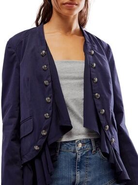 Free People Navy Blue Ruffle Romance Jacket